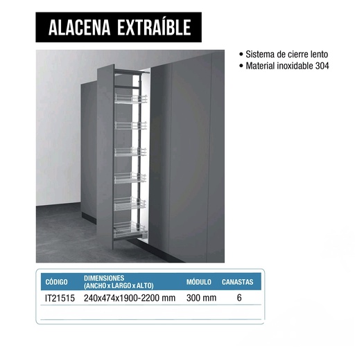[ALACENA 30 6 IT21515] ALACENA EXTRAIBLE 300MM 6 NIVELES INOX IT21515